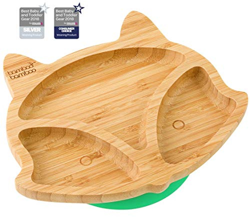 bamboo bamboo Baby Plate and Toddler Plate, Suction Plate for Feeding and Weaning, Bamboo Fox Plate with Secure Suction, Suction Plates for Babies from 6 Months (Fox, Green)