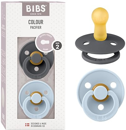 BIBS Colour Soother 2-Pack, BPA Free Dummy Pacifier, Round Nipple. Natural Rubber Latex, Size 2 (6-18 Months), Iron/Baby Blue