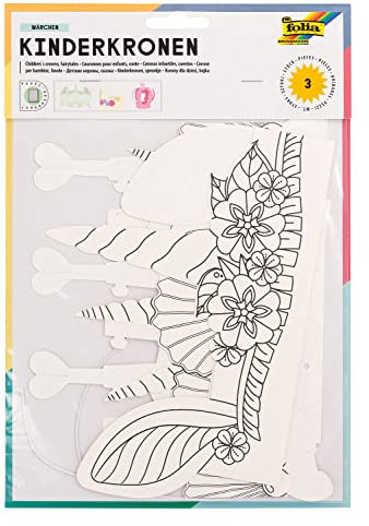 folia 23307 - Kinderkronen-Set Märchen, aus Pappe, 3 Kronen in verschiedenen Formen, weiß, zum selbst Bemalen und Gestalten, für Kinder, Jungen und Mädchen, ideal für Kindergeburtstage und Partys