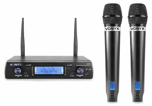 Vonyx WM52 Set de Micrófono Inalámbrico Doble de Mano UHF con 16 Canales, Incluye 2 Micros Inalambricos y 1 Receptor, Ideal para Escenarios, Presentaciones, Microfono Reuniones, Micros para Cantar