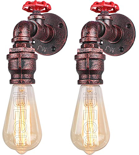 iDEGU 2 lampade da parete industriali, vintage, stile tubo, stile retrò, Art-Déco, lampada da parete per bar, cucina, ristorante, caffetteria, corridoio (rosso, rubinetto L)