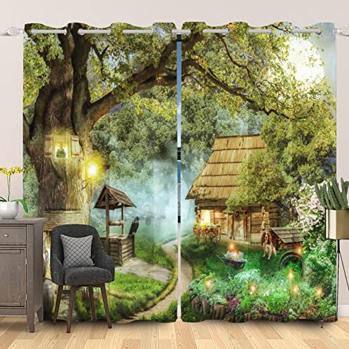 SDOTPMT 117 x 138 cm magiska träd fönstergardiner trähus dimmig skog lykta saga fönster draperi gård naturligt landskap fönsterbehandling för barn vardagsrum sovrum mörkläggningsgardin, 2 paneler
