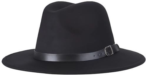 Bamboopack Wide Brim Fedora Hat with Belt Buckle for Women Men 56-58cm Unisex Black