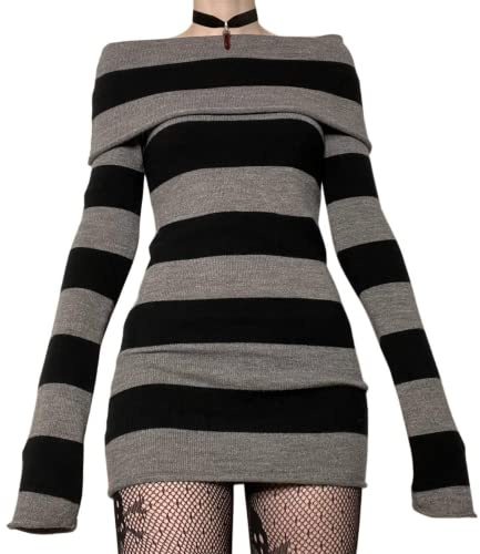 FeMereina Women Gothic Off Shoulder Mini Dress Aesthetic Long Sleeve Stripe Bodycon Short Dress Sexy Wrap Ribbed Knit Sweater Dress (Black, S)