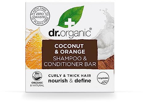 Saponetta Shampoo e Balsamo Dr Organic Cocco & Arancia, Nutriente, Per Capelli Ricci e Spessi, NUOVO, Senza Plastica, Naturale, Vegano, Cruelty-Free, Senza Parabeni e SLS, Biologico, 75g