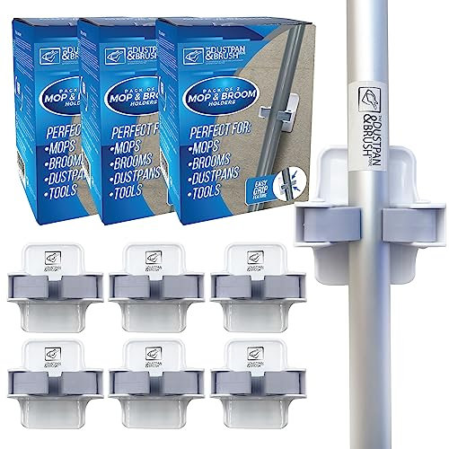 Mop & Broom Holder - Broom Holder Wall Mounted Gripper - Brush Hanger Self Adhesive - Perfect to Use on Cupboards, Bathroom, Sheds and Garage (Pack of 3 (6 Holders)