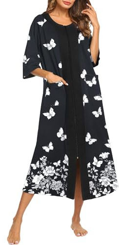 Ekouaer Bata larga con cremallera y mangas 3/4 para mujer, vestido de casa de longitud completa, camisón largo con bolsillos