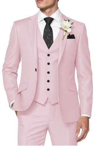 HUUTOE Herr 3-delad kostym smal passform bröllopsdräkter för män balklänning kostym sommar blazer jacka väst byxor smoking set män, Ljusrosa, M