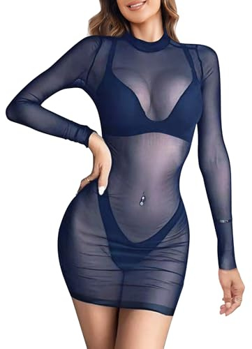 Weardear Sexiga nätunderkläder för kvinnor, långärmad underkläder, babydoll, strandklänning, bikini, täcka sommar, badmode, strand, täckande skjorta, bodycon baddräkt, Marinblå, XL