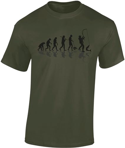 Baddery Angel T-Shirt Herren - „Angler Evolution“ - Lustiges Shirt für Männer - Angelkleidung Geschenk (Army L)