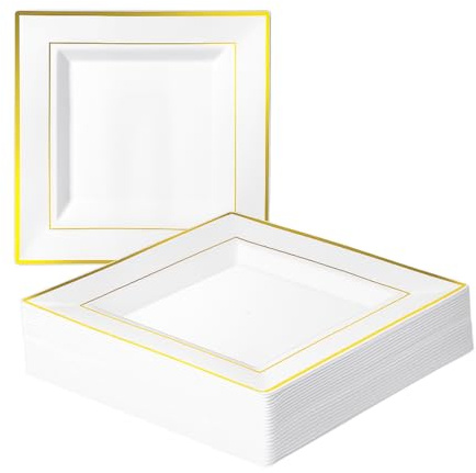 MATANA 20 Premium White Square Plastic Dinner Plates with Gold Rim, 24cm / 9 Inch - Elegant & Reusable Party Plates for Christmas, Weddings, Birthdays, Picnic, BBQ, Parties