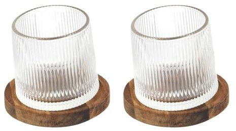COOK CONCEPT - KA0390 Duo de Verres à Whisky en Verre Transparent avec Support en Acacia, pour Cocktails et Apéritifs, Capacité 16cl, Style Raffiné, Couleur Claire