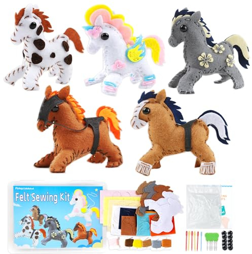 Flying Childhood Horse Sewing Kit for Kids Adults, Make 5 DIY Projects with Plush Stuffed Horse, Birthday Gifts Toys for Girls Boys Ages 8 9 10 11 12, Learn to Sew Kids Crafts