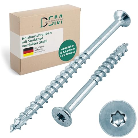 DSM Vis pour construction en bois 8 x 70 mm Vis à tête fraisée galvanisée, TX40 Vis pour panneaux d'aggloméré avec dents de scie nervures de fraisage et pointe coupée Homologation ETA ? 100 pièces