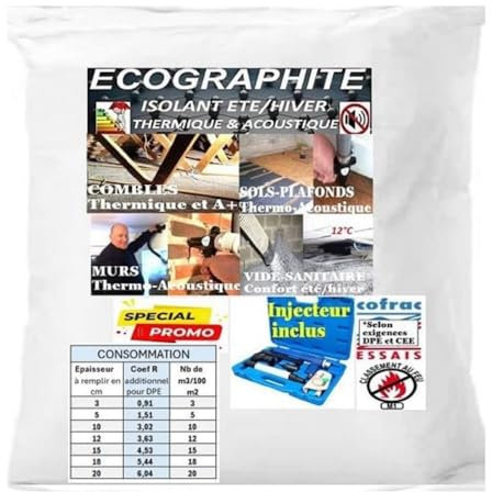 ECOGRAPHITE Isolation Plancher et Sols et tous vide d'air - 40 m2 en 10 cm epaisseur pour R≥ 3 (4 m3) - Injecteur Inclus - Isolant Thermique et Acoustique - Isolant Vrac - Fabriqué en France - 4000 L