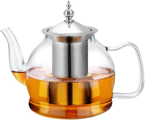 Glass Teapot 1200/800/400ML with Removable Infuser, Borosilicate Clear Tea Kettle, Stovetop Safe Tea Kettle Blooming Loose Leaf Teapots, for Camping, Travel (1200ml)