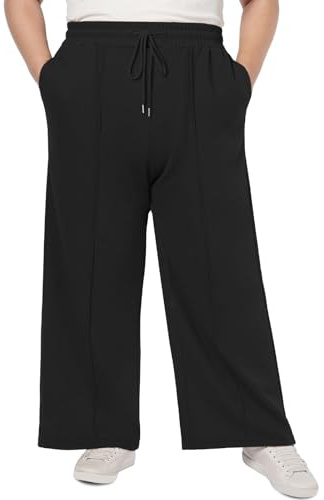 Moon Wood Pantalon Jogging Femme Large Sport Baggy Pantalon Fluide Femme de Training Yoga Décontracté Élastique Taille Haute Pantalons avec Poches Grande Taille Noir XL