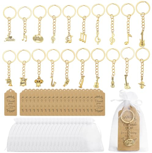 PH PandaHall 20pz Kit Regalo Portachiavi con Note Musicali, Portachiavi con Strumenti Musicale Dorato con Etichette per Borse Note Musicali Bomboniere per Feste a Tema Musicale
