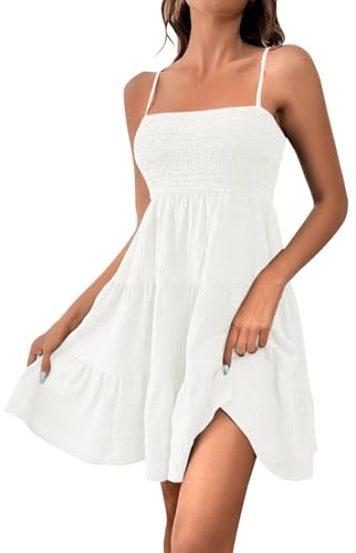 Vestido de mujer en algodón y lino natural, con tirantes finos, parte fruncida, dobladillo con volantes románticos, corte A fluido y corto, ideal para la playa y los días soleados de verano, blanco