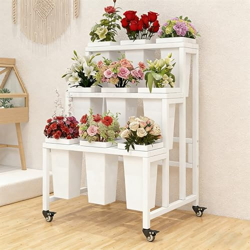 Soporte Para Carro De Flores Con Ruedas, Soporte Metálico Para Flores, Soporte Móvil Para Ramos De Flores Para Puestos De Mercado, Decoración Para Eventos Y White Frame, White Bucket 3-Tier (9 Bins)