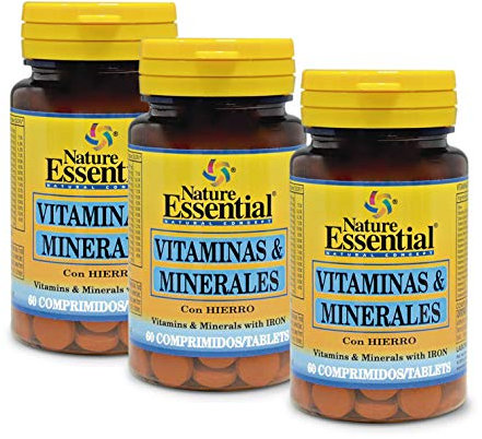 Nature Essential | Vitaminas y Minerales | 60 Comprimidos con Fibra, Hierro, Yodo, Vitaminas A, C, D, E, B-1, B-2, B-3, B-5, B-6, B-9 y B-12. (Pack 3 unidades)