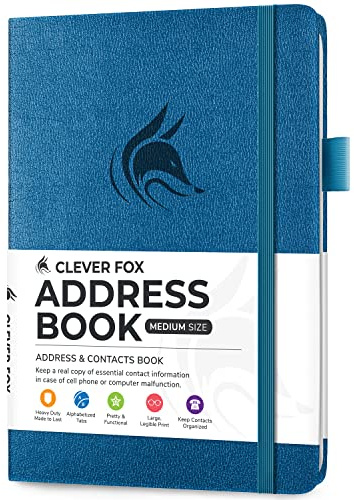 Clever Fox Address Book with alphabetic tabs - PU Leather Telephone and Address Book for Keeping Contacts Safe, Contact Organizer Journal, Medium Size (13.5 x 19cm) Hardcover, Mystic Blue