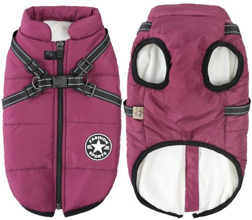 Aiboria Abrigo para perros de invierno, resistente al viento, impermeable, 2 en 1, ropa para climas fríos, chaqueta cálida de invierno, arnés pequeño para perros, talla S, color morado