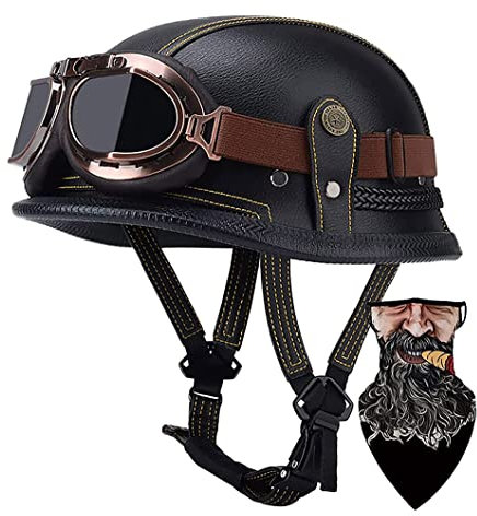 DIRERTYS Deutsche Leder Motorrad Halbhelme Retro Halbschalenhelm JetHelm mit Visier Schnellverschluss Schnalle für Cruiser Chopper Biker Moped DOT/ECE-Zulassung, L57~60CM
