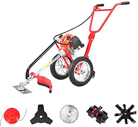 Cortacésped De Gasolina, Cortacésped De 4 Tiempos con Operador A Pie 4 Cuchillas De Corte + Rueda De Deshierbe + Escarificador Desyerbador Pequeño Multifuncional para Jardín De Césped De Huerta