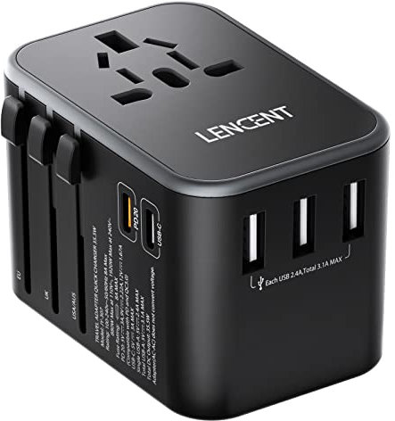 LENCENT Adattatore Universale da viaggio, Caricatore Internazionale con 3 USB e 2 PD Tipo-C, All in One Caricabatteria da Parete in Tutto il Mondo per Telefono, Tablet, Spina Tipo A/C/G/I