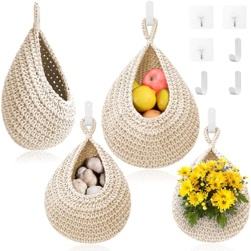Lot de 3 paniers à fruits à suspendre pour cuisine – Panier mural bohème avec 6 crochets solides, support de suspension tissé à la main pour fruits, légumes, pommes de terre, oignons (blanc)