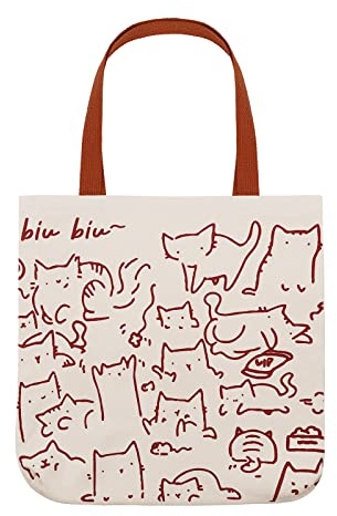 Firtink Cat Tote Bag with Zip Canvas Reusable Cat Shopping Bag with Pocket for Women Girls Cats Lover(Beige Cats)