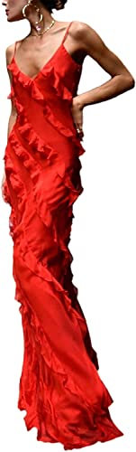 Abito Senza Spalline da Donna con Spalline Senza Maniche Abito Senza Spalline Abito Lungo con Nappa Floreale Y2k Abito con Nappa Senza Spalline Senza Maniche Abito Trasparente (Rosso,M)