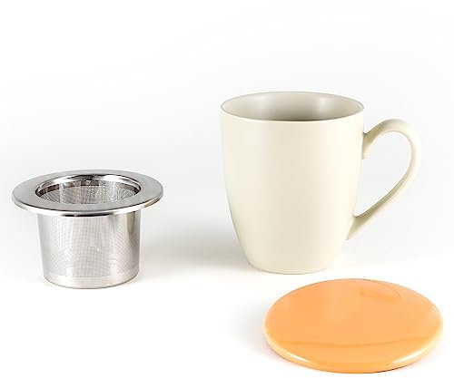 Hanseküche Taza de té con tapa y colador - Taza de té XXL de 600 ml - Taza de té grande de cerámica - Taza Jumbo - Taza con tapa, cerámica, filtro de té, colador de té (blanco crema)