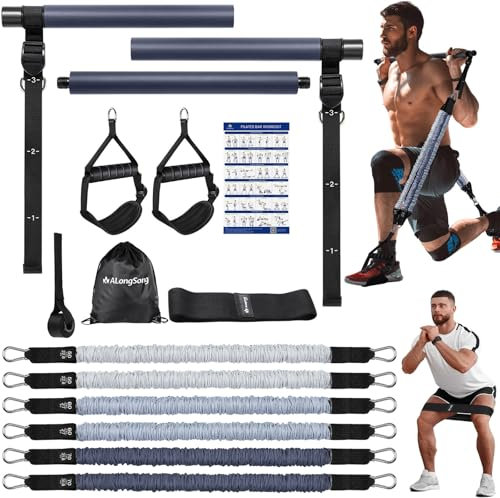 ALongSong Fitnessbänder Pilates Bar Set mit Widerstandsbänder 30-360lbs, Trainingsbänder Krafttraining Fitnessgeräte für Zuhause Resistance Bands Verstellbare Pilates-Stange Griffe, Türanker