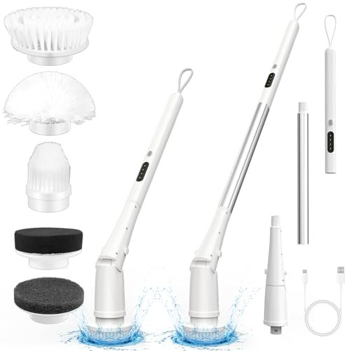 Spin Scrubber, Electric Cleaning Brush Cordless, Long Handle Power 2-Speed Floor Cleaning Brush with 5 Brush Heads, Toilet Scrubbing Brush Bathroom Scrub for Tub Floor Tile Window Bathtub Grout Car