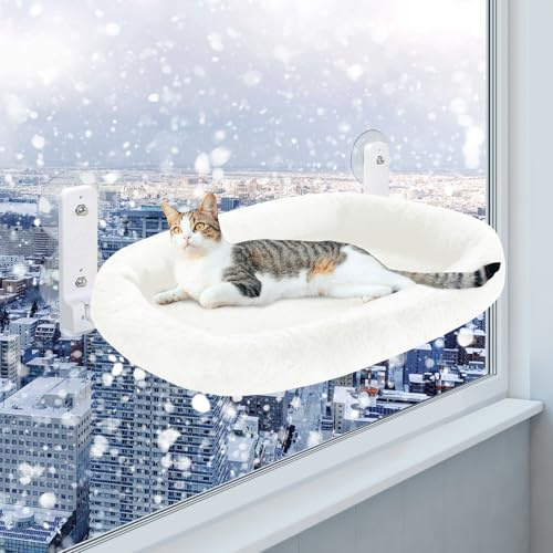 Casgee Lettino termico da finestra per gatti 60×30cm - Pieghevole, superficie in pile riscaldante - Beige