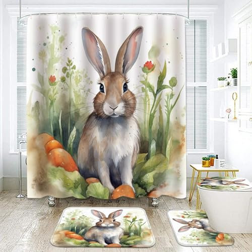 Duschvorhang Green Rabbit Graffiti Badezimmermatte Verdickung Bad Teppiche Set, Duschvorhang Stoff+Bath Mat rutschfeste(50x80cm)+U-Typ Fußmatte Wasseraufnahme+Toilette Badmatte