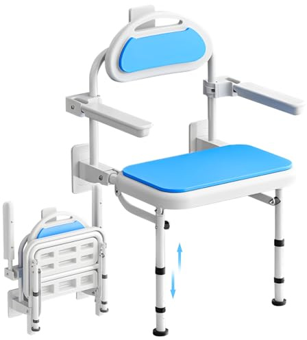 Helivivfy Wall Mounted Folding Shower Chair, 550 lb Load Capacity Folding Shower Chair with Backrest Home Nursing Chair Upholstered Seat Height Adjustable