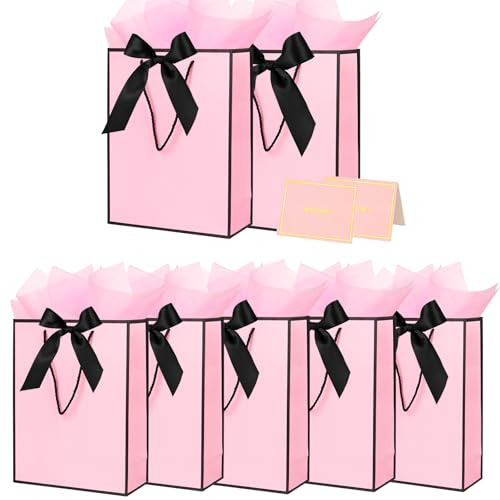 Gift Bags for Presents, 12 Pack Medium Paper Bags with Bow Ribbon Tissue Paper Cards Thank You Gift Bag with Handles for Graduation Wedding Birthday Shopping(pink)