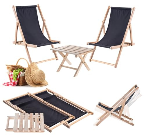 KADAX Klapptisch mit 2 Liegestühlen, Kleiner Gartentisch aus Holz, Beistelltisch für Balkon und Garten, Kaffeetisch klein, Balkontisch klappbar (Schwarz)