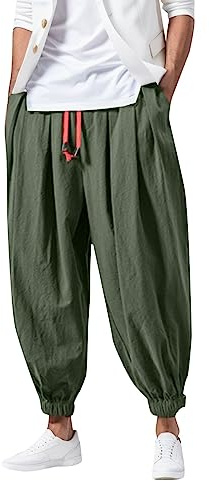 YOSUWOAI Pantalones harén para hombre, holgados, de lino, tradicionales, góticos, de Aladino, para hombre, tallas grandes, medievales, retro, renacentistas, estilo étnico, O Ejército Verde, 4XL