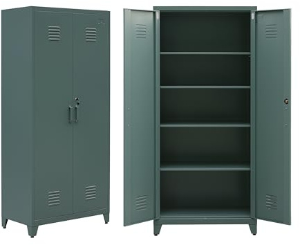 Brigros - Armadio In Metallo 2 Ante Con Serratura E 5 Ripiani Interni 85x45x190 Cm, Armadio Ufficio In Metallo Zincato Verniciato Per Garage, Ufficio, Archivio (Verdone)
