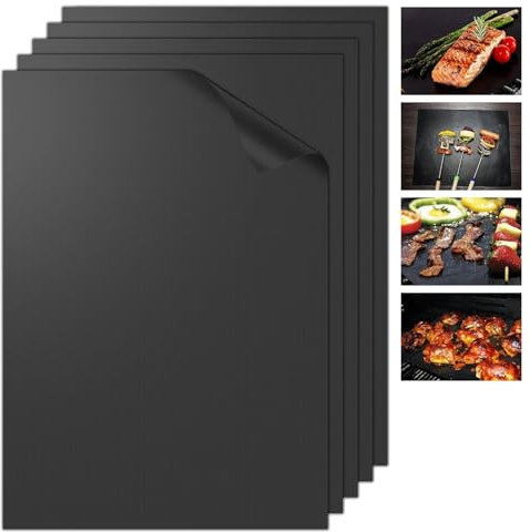 Set de 5 Tapis de Cuisson Barbecue,40x33cm,Résistant à Chaleur, Réutilisable, Nettoyable, Peut être coupé,Plaque Feuille de Cuisson Four Accessoire,pour Barbecue à Gaz, Barbecue à Charbon et Four