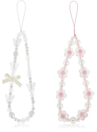 JIPUKE 2 Pack Beaded Phone Bracelet Strap Crystal Butterfly Flower Pearl Phone Charms Strap Colorful Acrylic Beaded Phone Charm Wrist Strap Handmade for Women Anti-Lost Lanyard