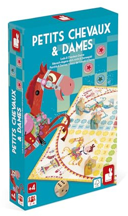 Janod - Juego de los Caballitos + Juego de Damas - 2 Juegos en 1 - Juegos clásicos Fiestas de cumpleaños - A Partir de 4 años