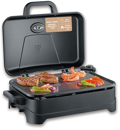 Severin Barbacoa eléctrica con tapa abatible, 2300 W, máx. 230 °C, tiempo de calentamiento de 10 min, revestimiento cerámico, termómetro, superficie de cocción de 45 x 30 cm, negro mate, PG 8597