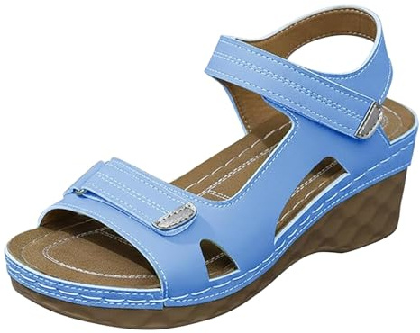 Sandali da donna con zeppa bianca casual scarpe aperte Hook & Loop Strape Calzature per vacanze estive spiaggia passeggiate, blu cielo, 40 EU