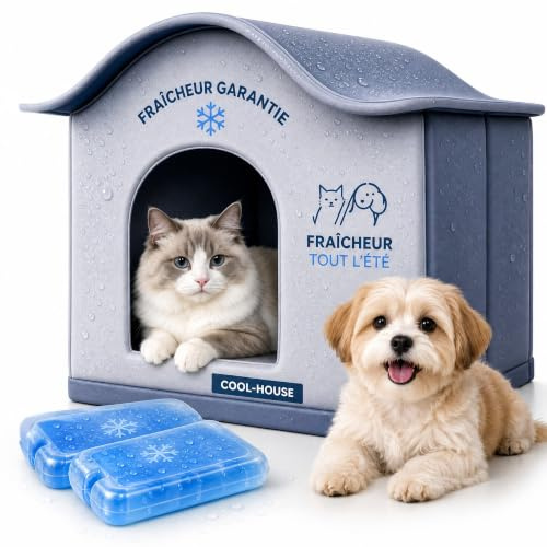 Maison Rafraîchissante pour Chat et Petit Chien – Lit Climatisé avec Poches pour Blocs de Glace – Niche Fraîche Pliable en Tissu Oxford – Couchage Été Anti-Chaleur Taille L