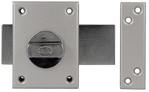 Amig - Serrure à chevauchement avec levier de verrouillage et manchette intérieure pour portes en bois Mod. 85 | 85 x 65 mm | Loquet avec cylindre rond pour la sécurité | Acier émaillé argenté